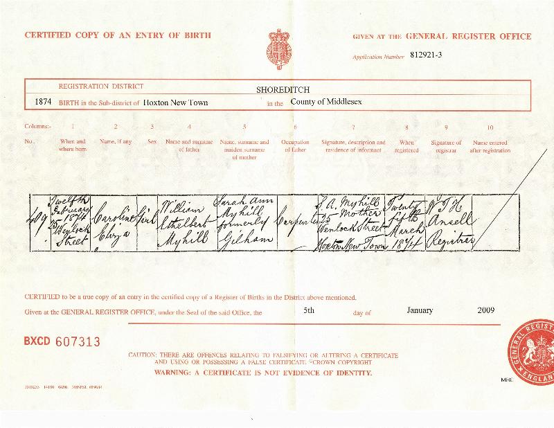 Myhill (Carolyn Eliza) 1875 Birth Certificate